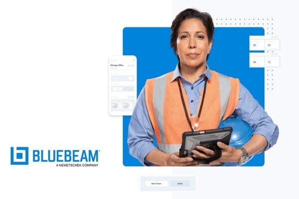 Bluebeam training course header shows a construction professional using the software.