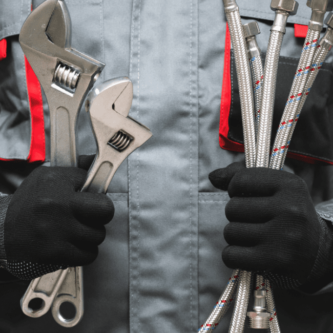 A Commercial Plumber is holding wrench and pipefitting tools