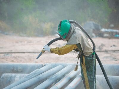 A construction worker sandblasts steel pipes