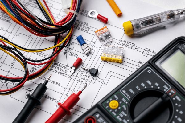 A series of electrical equipment and processes that are covered in the Journeyman and Master electrical exam are laid-out on a table.