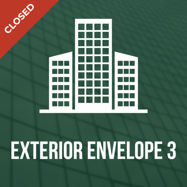 Closed module cover showing three white buildings icon on a green textured background with the text 'EXTERIOR ENVELOPE 3' below.