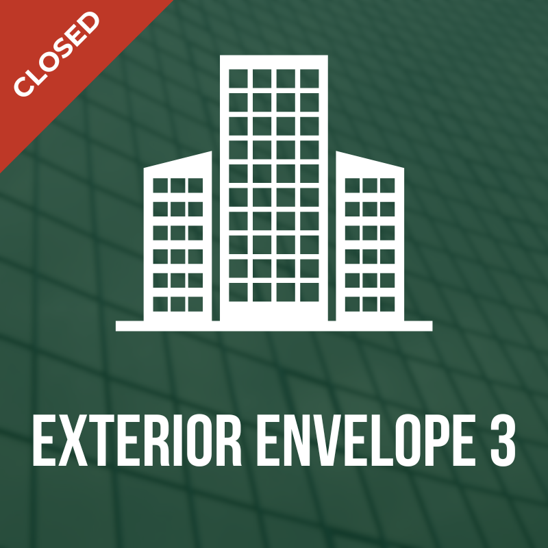 Closed module cover showing three white buildings icon on a green textured background with the text 'EXTERIOR ENVELOPE 3' below.