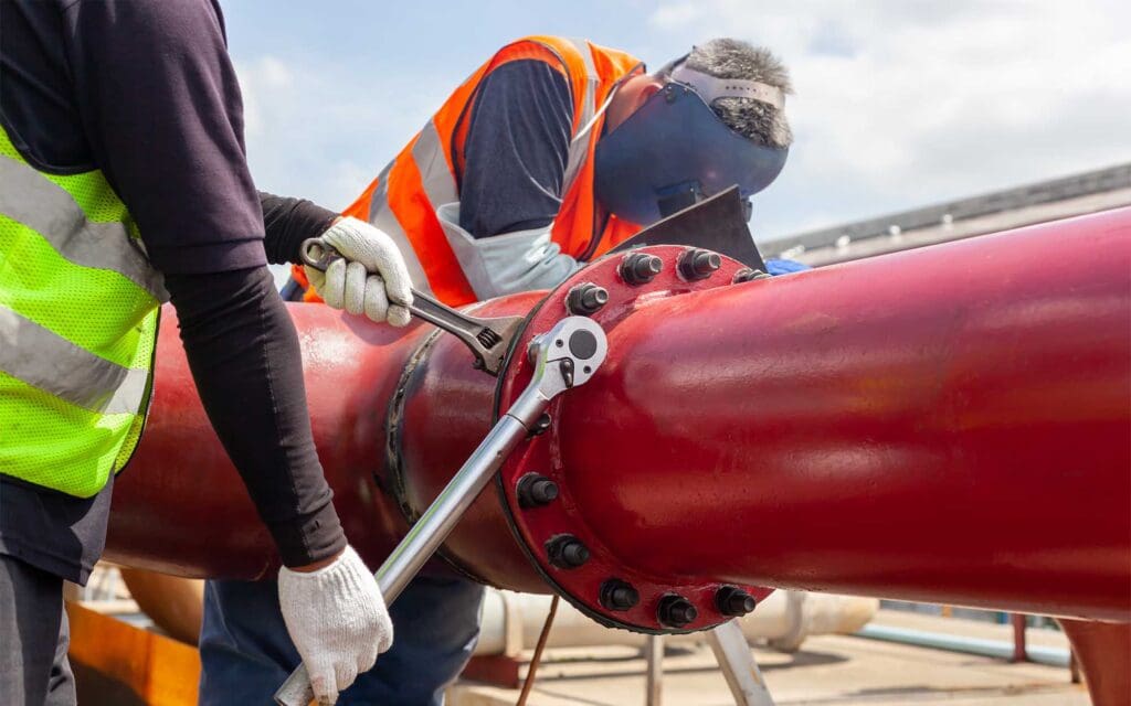 Two sprinkler fitting construction workers