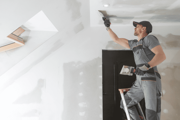 A professional drywall construction worker installs drywall on the interior ceiling of a building.