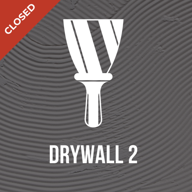 Closed badge over a gray drywall texture with a white drywall trowel icon and the label DRYWALL 2.