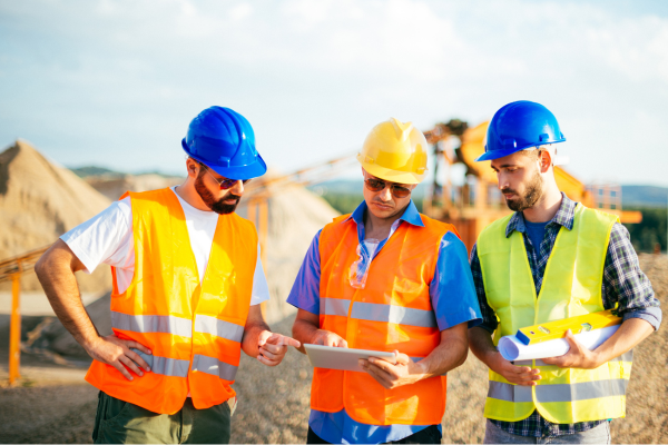 A rising leader in construction uses the skills he learned in WMCI's Introductory Field Leadership course to direct his team on a job site.