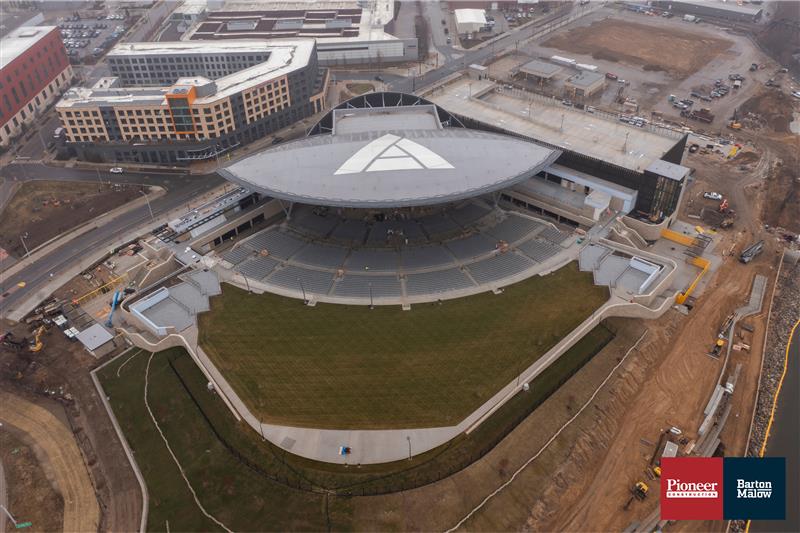 An aerial view of the Acrisure Amphitheater in Grand Rapids, Michigan.