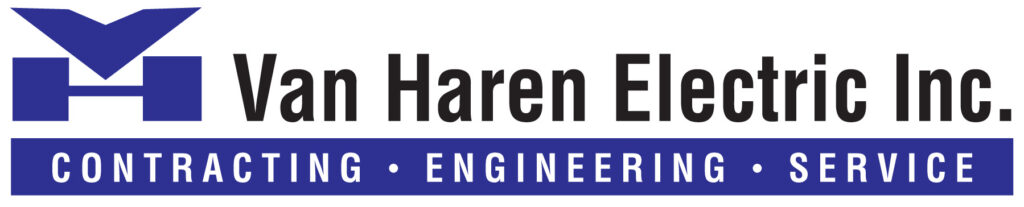 Company logo for Van Haren Electric Inc., featuring a blue geometric mark and the wordmark 'Van Haren Electric Inc.' with a blue bar listing 'CONTRACTING • ENGINEERING • SERVICE' beneath.