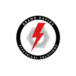 Logo for Grand Rapids Electrical Solutions: a red lightning bolt over a gray hexagon, encircled by a black ring with the words GRAND RAPIDS ELECTRICAL SOLUTIONS.