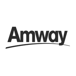 Amway logo on a white background with a curved line underneath
