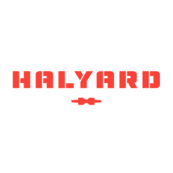 Red HALYARD brand logo with stylized block letters and a small airplane icon beneath, separated by a dotted line.