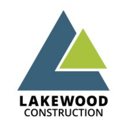 Lakewood Construction logo showing a dark blue triangle overlapping with a lime green smaller triangle, with the words 'LAKEWOOD CONSTRUCTION' beneath.