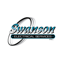 Swanson Electrical Services logo featuring blue script text and a black ribbon banner across a circular motif.